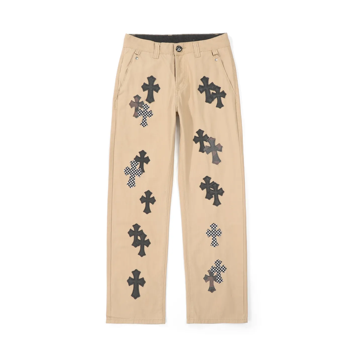 P260 Chrome Hearts/Chrome Hearts camouflage checkerboard horsehair cross patch leather jeans - Full of exploring the ultimate in fashion, Chrome Hearts' new Chrome Hearts pants cleverly integrate camouflage cross, checkerboard horsehair cross and other elements to break traditional boundaries. The clever fusion of Mattyboy’s same style, overalls and khaki jeans brings endless matching inspiration to fashionistas.  This pair of Croxin overalls not only presents a unique retro style, but also combines comfort and sophistication with its wide-leg, loose design. The mid-high waist design matches a lazy and casual style, which not only makes the legs longer but also maintains a casual feel, it is a must-have fashion choice for trendy men and trendy women.  Khaki overalls are unique in leather matching and color selection, making them the leader among overalls. Chrome Hearts' khaki cross chino casual pants have a prince-like aristocratic feel. The pants have 40 panels of leather and full texture. The W34 size is perfectly presented and has become the focus of the forefront of fashion. Whether it's for daily wear or a trendy try, these pants can bring you an excellent fashion experience.  Color: Khaki Size: 28 30 32 34 corresponding size s-xl